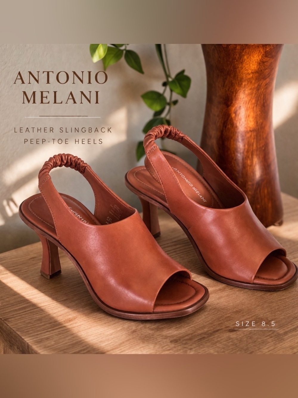 ANTONIO MELANI Cognac Leather Peep-Toe Slingback Heels